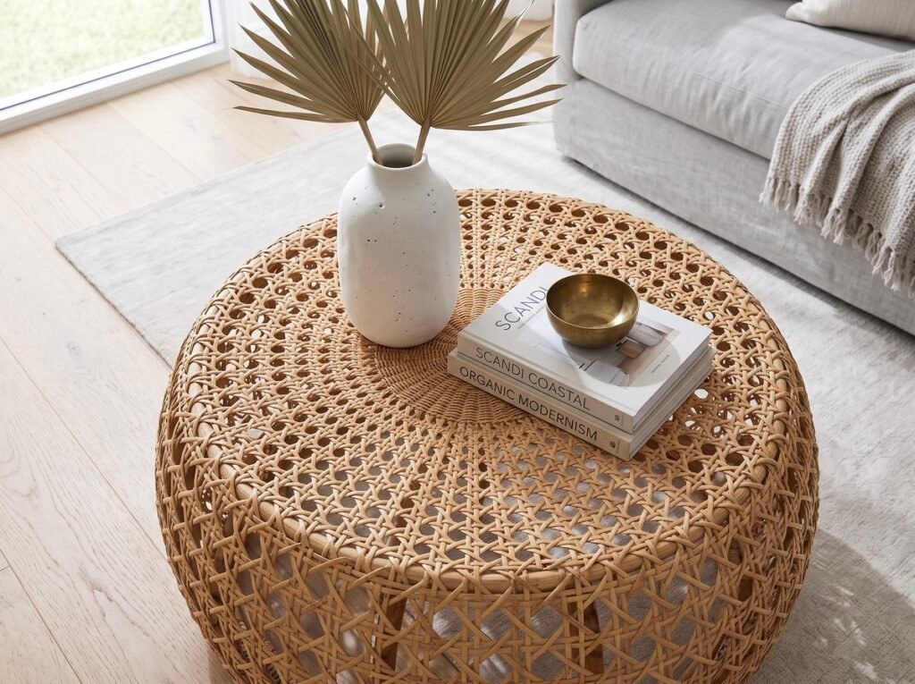 Top-down angled shot of a curated vignette on a round rattan coffee table. Centered is a tall textured matte-white ceramic vase holding two dried palm fronds. To the right, a stack of two matte design books, "Scandi Coastal" on top of "Organic Modernism," with a small brass bowl on top. Visible rattan weaving texture. The table sits on a light-colored wood floor next to a plush grey linen sofa with a fringed throw blanket in a light, sunlit living room. Window with greenery visible in the background. Coastal Scandinavian style.