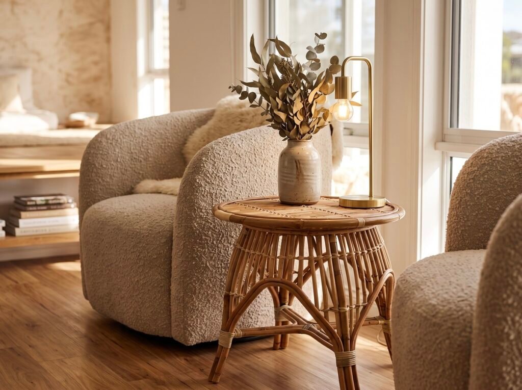 Photorealistic cozy reading corner in a coastal home featuring a handcrafted round rattan tripod side table next to a neutral beige bouclé armchair. On top of the table sits a ceramic vase with dried Australian eucalyptus leaves and a small brass lamp under warm natural sunlight.