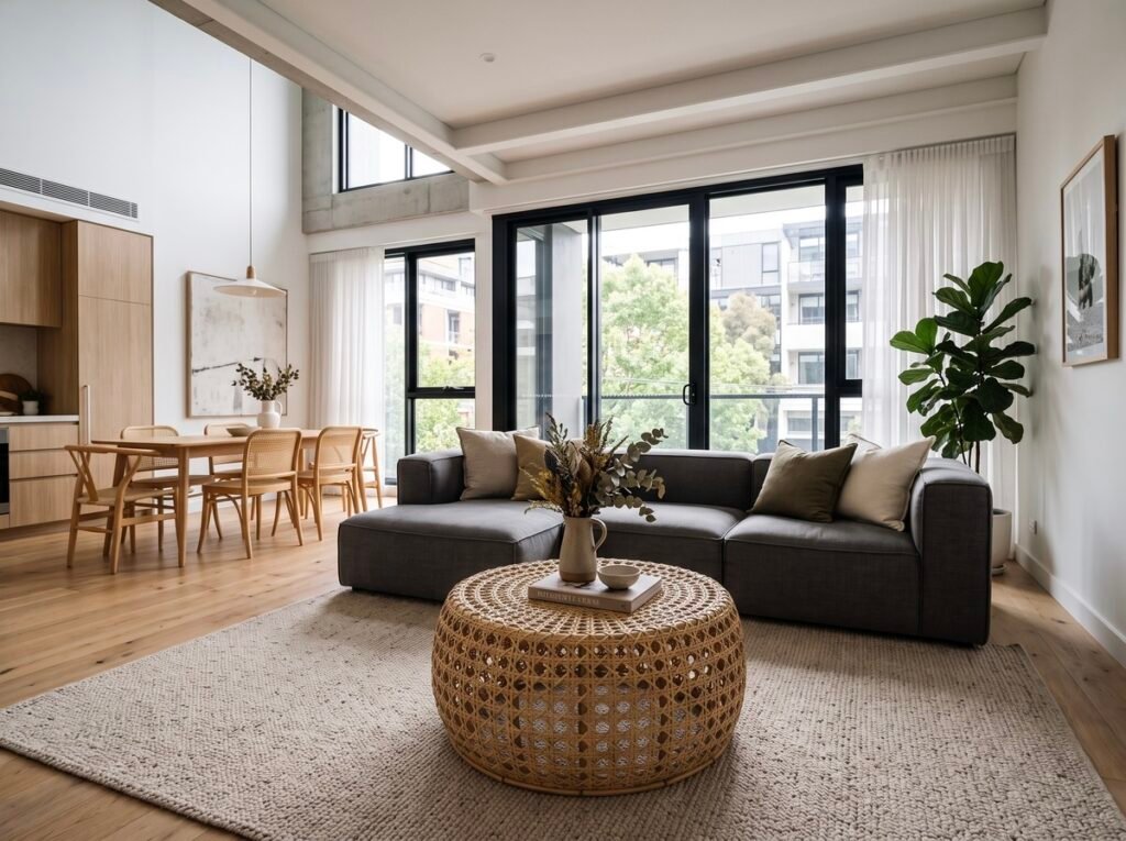 A medium-sized, round woven rattan ottoman serving as a coffee table is centered on a textured, light gray area rug. On top of the rattan ottoman are a ceramic vase with a natural dried floral arrangement and some books. In the background is a modern living room featuring a dark gray modular sectional sofa with various pillows (beige, green), a large floor-to-ceiling glass door leading to a balcony, a dining area with a light wood table and six chairs, and a small kitchen to the far left. A potted Fiddle Leaf Fig plant is next to the sofa. Natural light comes from the glass door and upper windows. The walls are white.