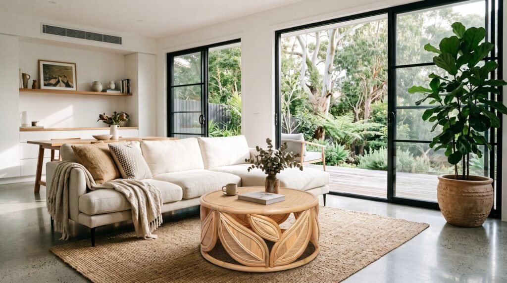 A modern, sunlit open-plan living and dining area in a house. A cream-colored L-shaped sectional sofa with various throw pillows and a knitted blanket is arranged on a jute rug. In the center, there is a unique round bamboo coffee table with sculpted leaf patterns, a cup, and a stack of books on top. Large, black-framed sliding glass doors open onto a lush green garden with various trees and plants. To the left is a dining area with a wooden table, and a large Fiddle Leaf Fig plant is in a terracotta pot on the right.